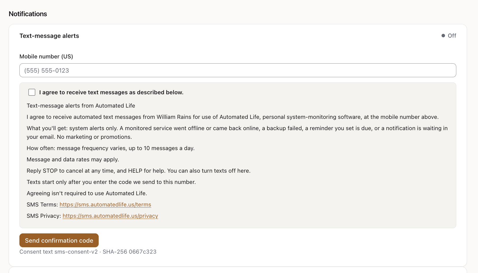 Screenshot of the Automated Life consent screen, consent text sms-consent-v2, with the checkbox unchecked
